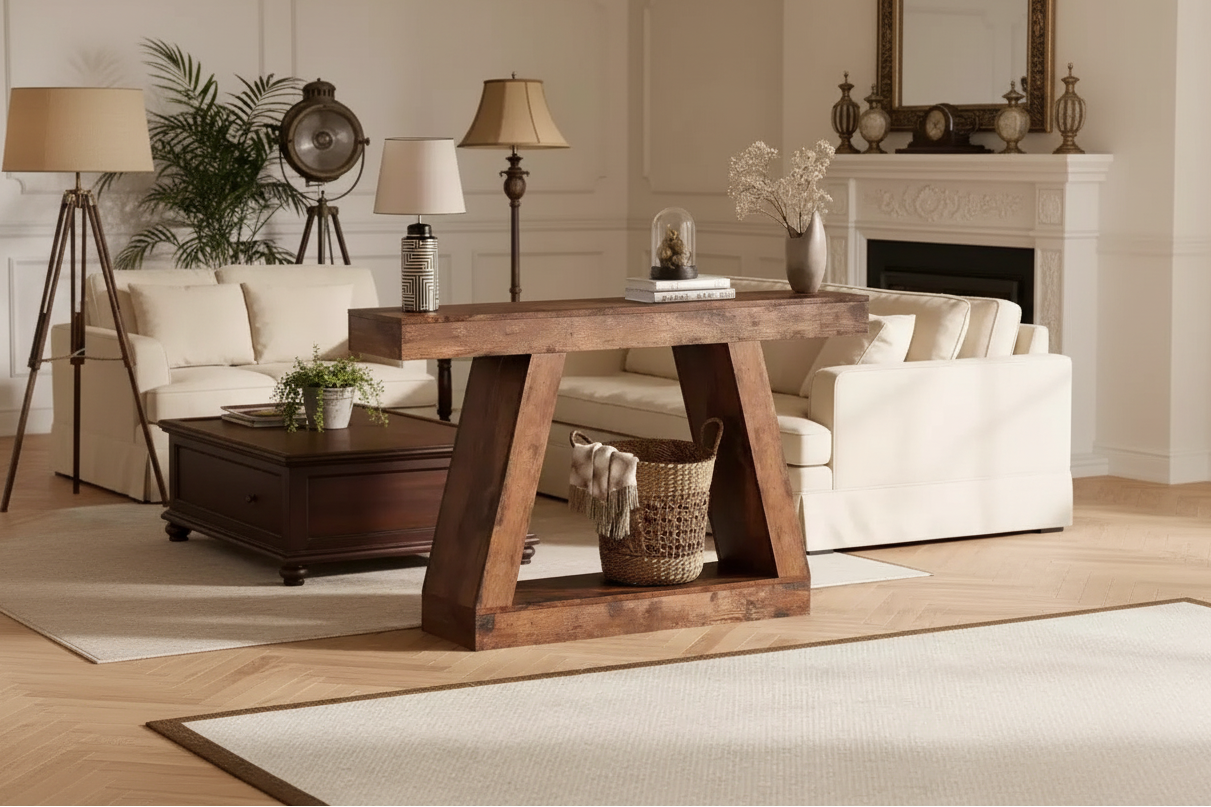 Wooden 2-Tier Sofa Table with Open Storage Shelves for Hallway, Porch, Corridor