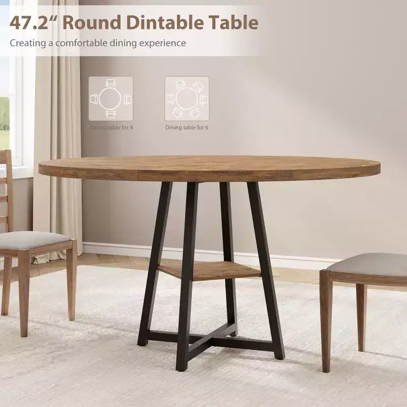 Tavolo da pranzo rotondo da 47" per 4-6 persone - Base a piedistallo in metallo con contenitore - Tavolo da pranzo e da cucina industriale salvaspazio