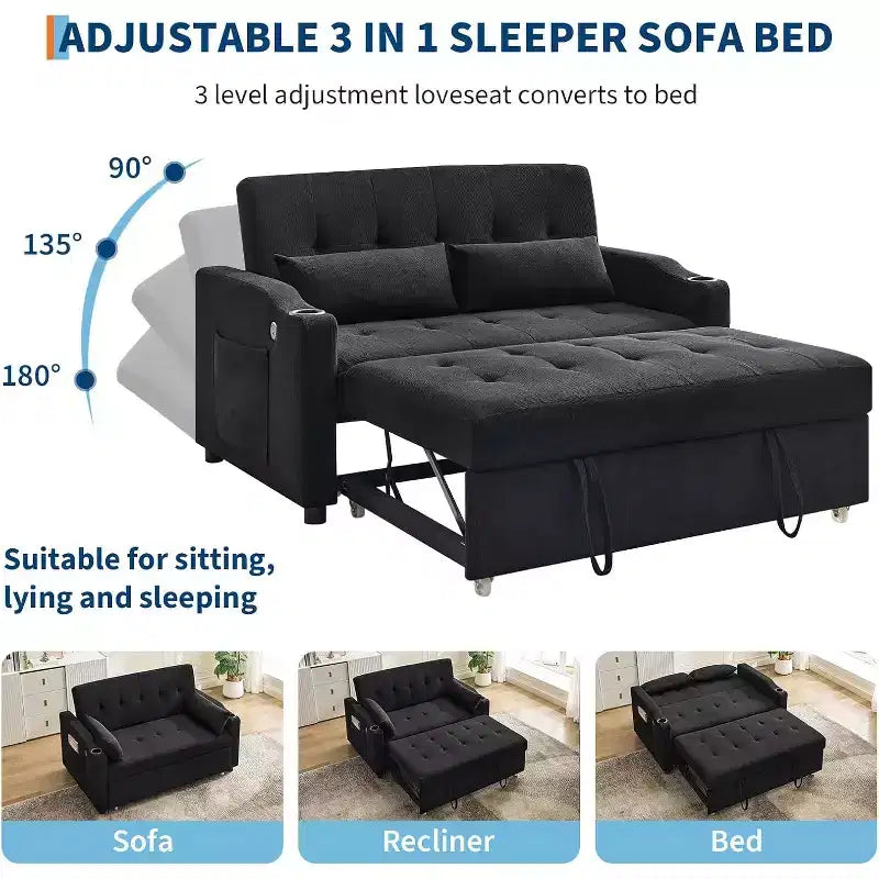 Divano Letto Convertibile, Divanetto Letto in Velluto a Coste con Letto Estraibile, Schienale Regolabile e Tasche Laterali, Divano Moderno Imbottito per Ufficio Domestico