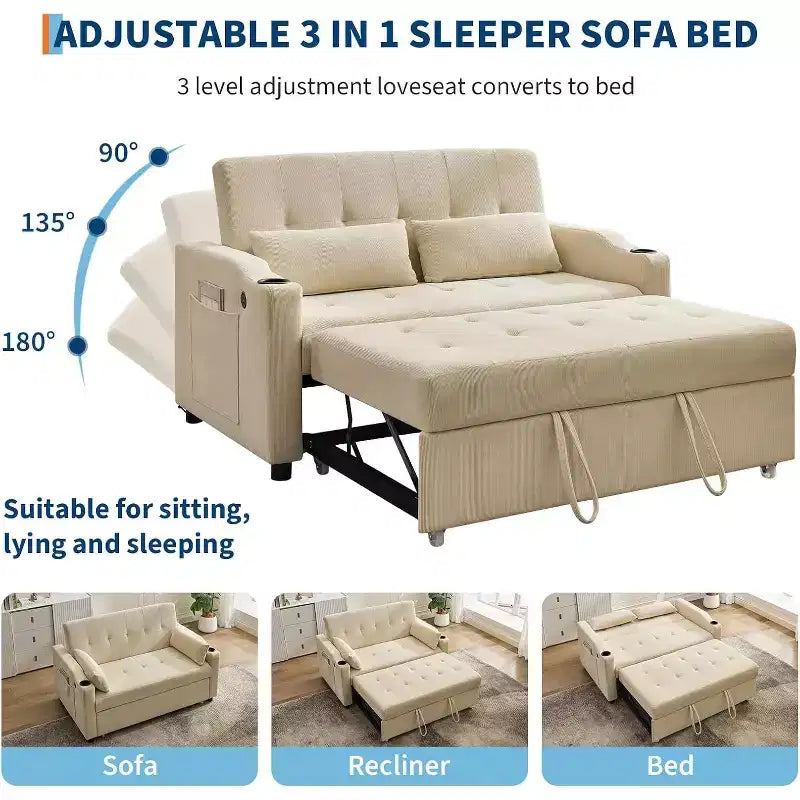 Divano Letto Convertibile, Divanetto Letto in Velluto a Coste con Letto Estraibile, Schienale Regolabile e Tasche Laterali, Divano Moderno Imbottito per Ufficio Domestico