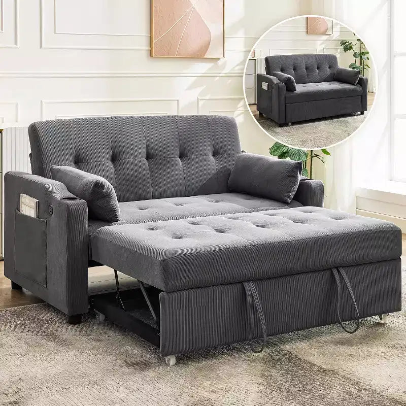 Divano Letto Convertibile, Divanetto Letto in Velluto a Coste con Letto Estraibile, Schienale Regolabile e Tasche Laterali, Divano Moderno Imbottito per Ufficio Domestico