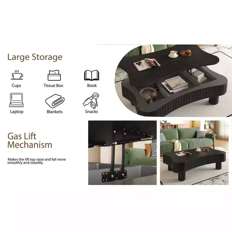 Tavolino da caffè sollevabile liscio con contenitore nascosto, Tavolo centrale scanalato per soggiorno, Tavolino da cocktail in legno, Capacità 18 kg (sollevato)/68 kg