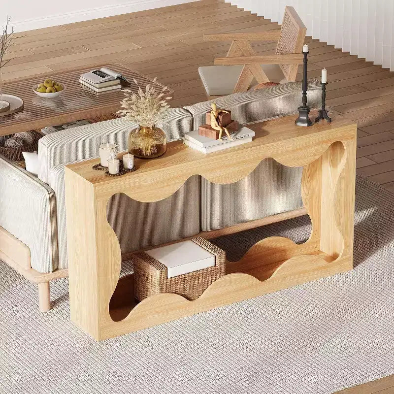 Tavolino Consolle Rustico, Tavolo da Divano Stretto Naturale con Bordo Scalloped e Scaffale Portaoggetti per Ingresso o Soggiorno