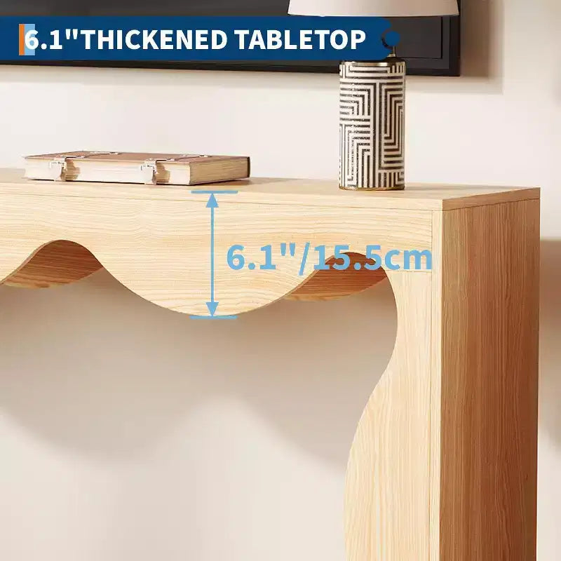 Tavolino Consolle Rustico, Tavolo da Divano Stretto Naturale con Bordo Scalloped e Scaffale Portaoggetti per Ingresso o Soggiorno