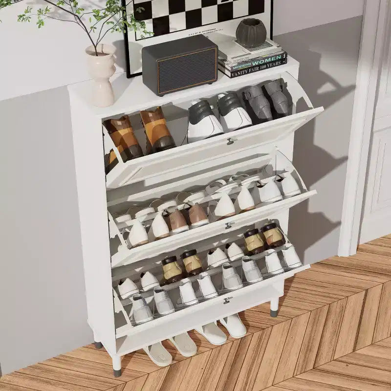 Entryway shoe cabinet, narrow shoe rack, shoe cabinet with 3 flip-top drawers, freestanding shoe cabinet with legs, entryway storage manager White