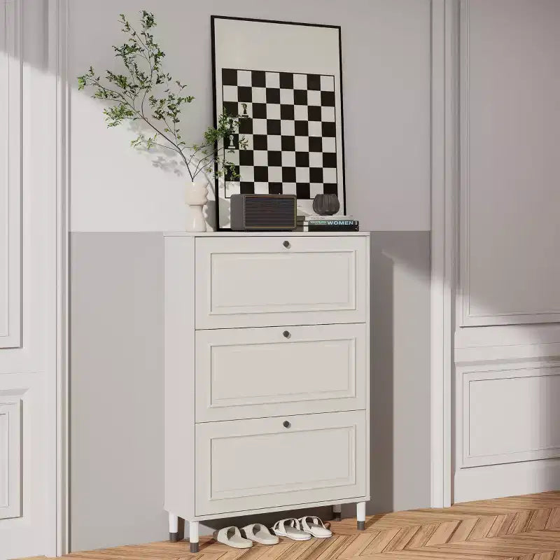Entryway shoe cabinet, narrow shoe rack, shoe cabinet with 3 flip-top drawers, freestanding shoe cabinet with legs, entryway storage manager White