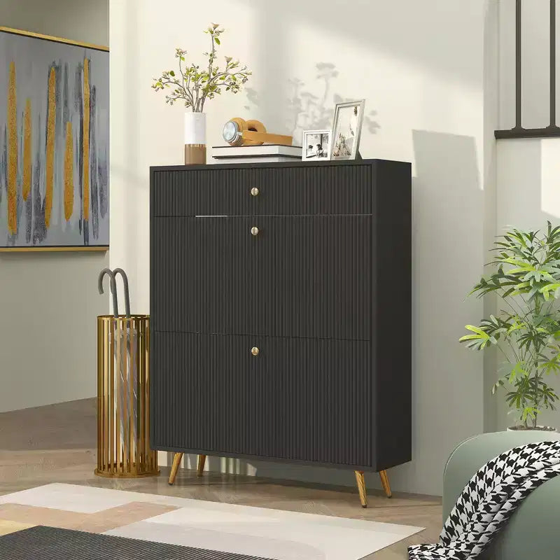 Narrow Shoe Storage Cabinet with Wave-like Panels and Adjustable Shelves for 12 Pairs of Shoes