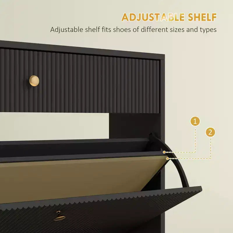 Narrow Shoe Storage Cabinet with Wave-like Panels and Adjustable Shelves for 12 Pairs of Shoes