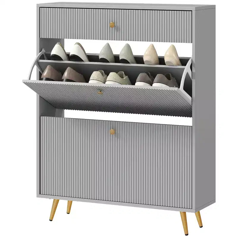 Narrow Shoe Storage Cabinet with Wave-like Panels and Adjustable Shelves for 12 Pairs of Shoes