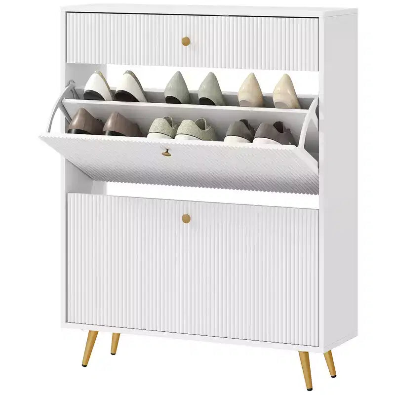 Narrow Shoe Storage Cabinet with Wave-like Panels and Adjustable Shelves for 12 Pairs of Shoes