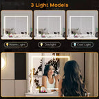 Toeletta da trucco con specchio illuminato, presa di corrente, sgabello e 4 cassetti, grande tavolo da trucco per camera da letto o spogliatoio