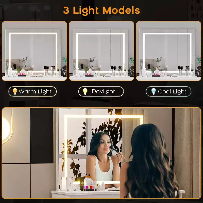 Toeletta da trucco con specchio illuminato, presa di corrente, sgabello e 4 cassetti, grande tavolo da trucco per camera da letto o spogliatoio