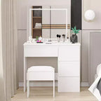 Toeletta da trucco con specchio illuminato, presa di corrente, sgabello e 4 cassetti, grande tavolo da trucco per camera da letto o spogliatoio