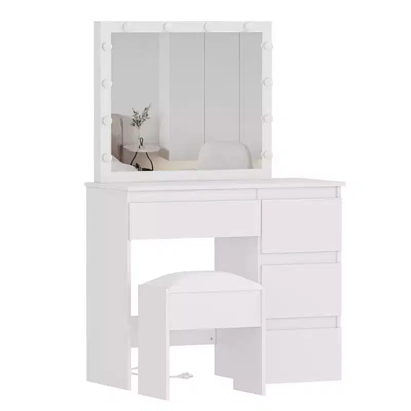 Toeletta da trucco con specchio illuminato, presa di corrente, sgabello e 4 cassetti, grande tavolo da trucco per camera da letto o spogliatoio