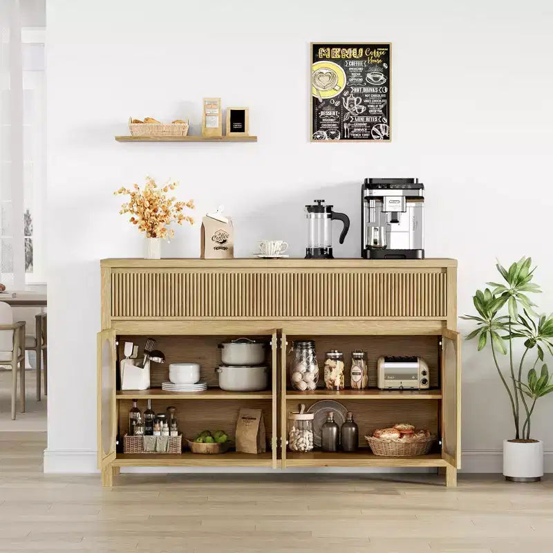 Credenza scanalata con contenitore, mobile da credenza da 55 con 2 cassetti, mobile contenitore da cucina con 4 ante in vetro, tavolo da buffet, mobile bar