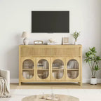 Credenza scanalata con contenitore, mobile da credenza da 55 con 2 cassetti, mobile contenitore da cucina con 4 ante in vetro, tavolo da buffet, mobile bar