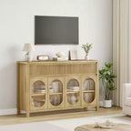 Credenza scanalata con contenitore, mobile da credenza da 55 con 2 cassetti, mobile contenitore da cucina con 4 ante in vetro, tavolo da buffet, mobile bar