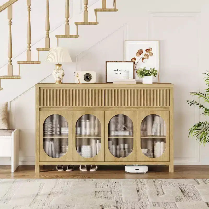 Credenza scanalata con contenitore, mobile da credenza da 55 con 2 cassetti, mobile contenitore da cucina con 4 ante in vetro, tavolo da buffet, mobile bar