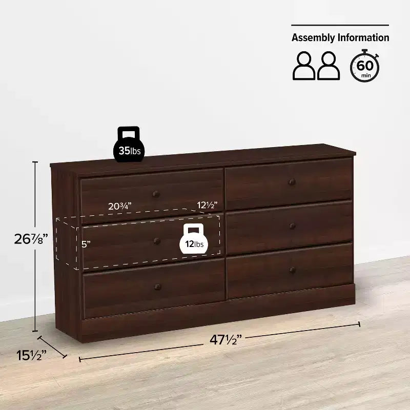 Comò doppio a 6 cassetti Astrid, 68,2 cm, per camera da letto, cassettiera larga, mobili per camera da letto, espresso
